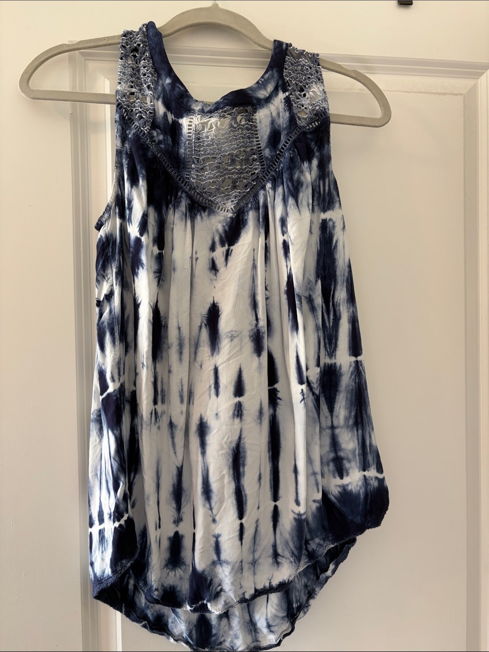 Sleeveless Tie-Dye Navy & White Crochet Yoke Tank Top